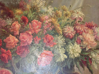 Oil painting Laid table with vibrant roses and chrysanthemums bouquet in ceramic vase