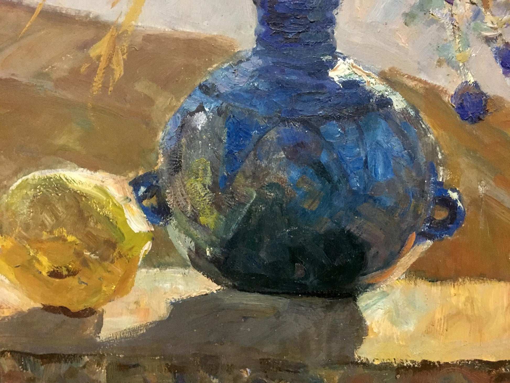 Glossy cobalt blue ceramic vase with handles, Mirel Yakovlevna Shaginyan C.n bouquet