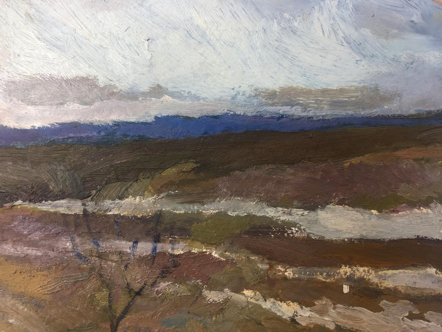 Oil painting Music of autumn: moody textured landscape with earth tones, dramatic sky