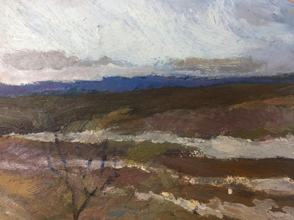 Oil painting Music of autumn: moody textured landscape with earth tones, dramatic sky
