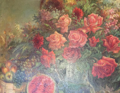 Oil painting Laid table: vibrant pink red roses, grapes, watermelon slices