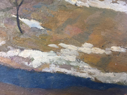 Oil painting Music of Autumn: textured landscape with browns, snow, blue river