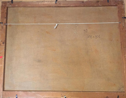 Back of Oil painting Laid table framed canvas with 92 mark and 78 x 101 dimensions