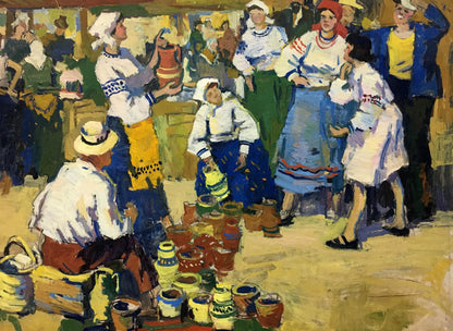 Oil painting of Pokulity market stall by Konstantin Ivanovich with vibrant ceramic pots