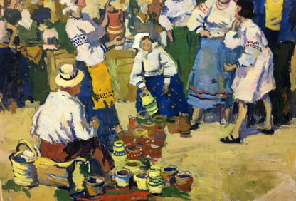 Oil painting of Pokulity market by Konstantin Ivanovich with ceramic pots