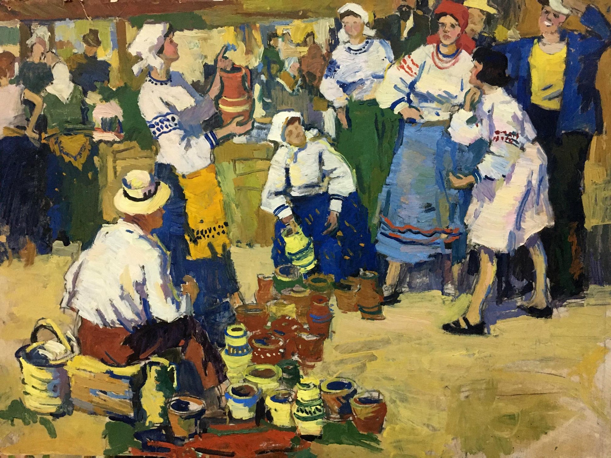 Oil painting of vibrant hand-painted ceramic pots at folk market by Pokulity Konstantin Ivanovich