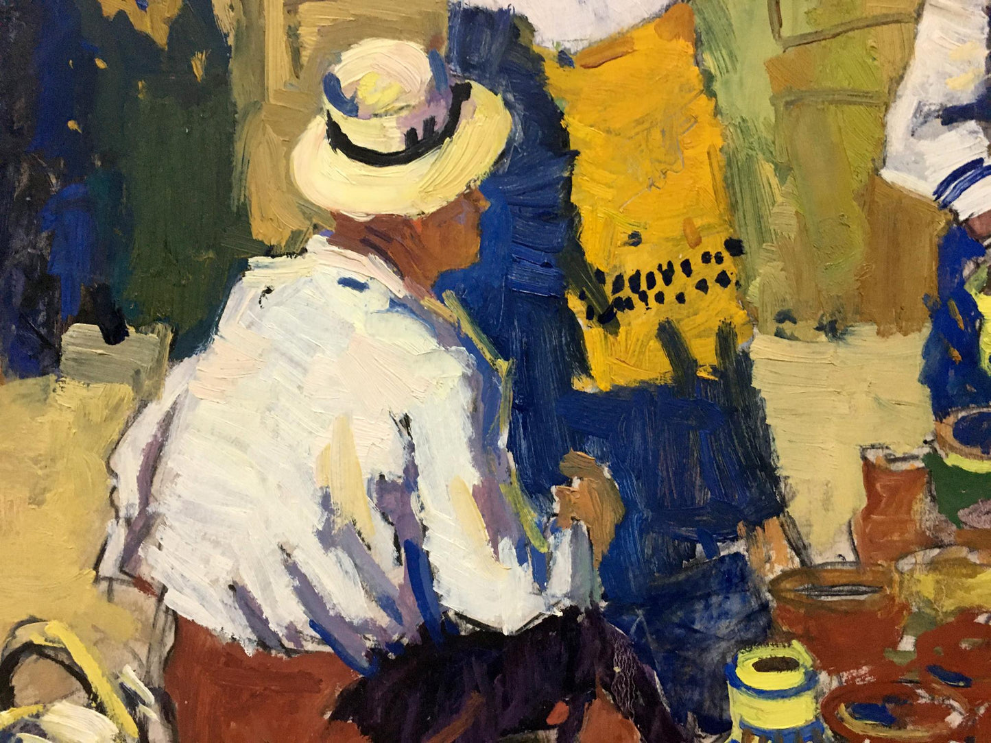 Oil painting of man in straw hat and white shirt by Pokulity Konstantin Ivanovich