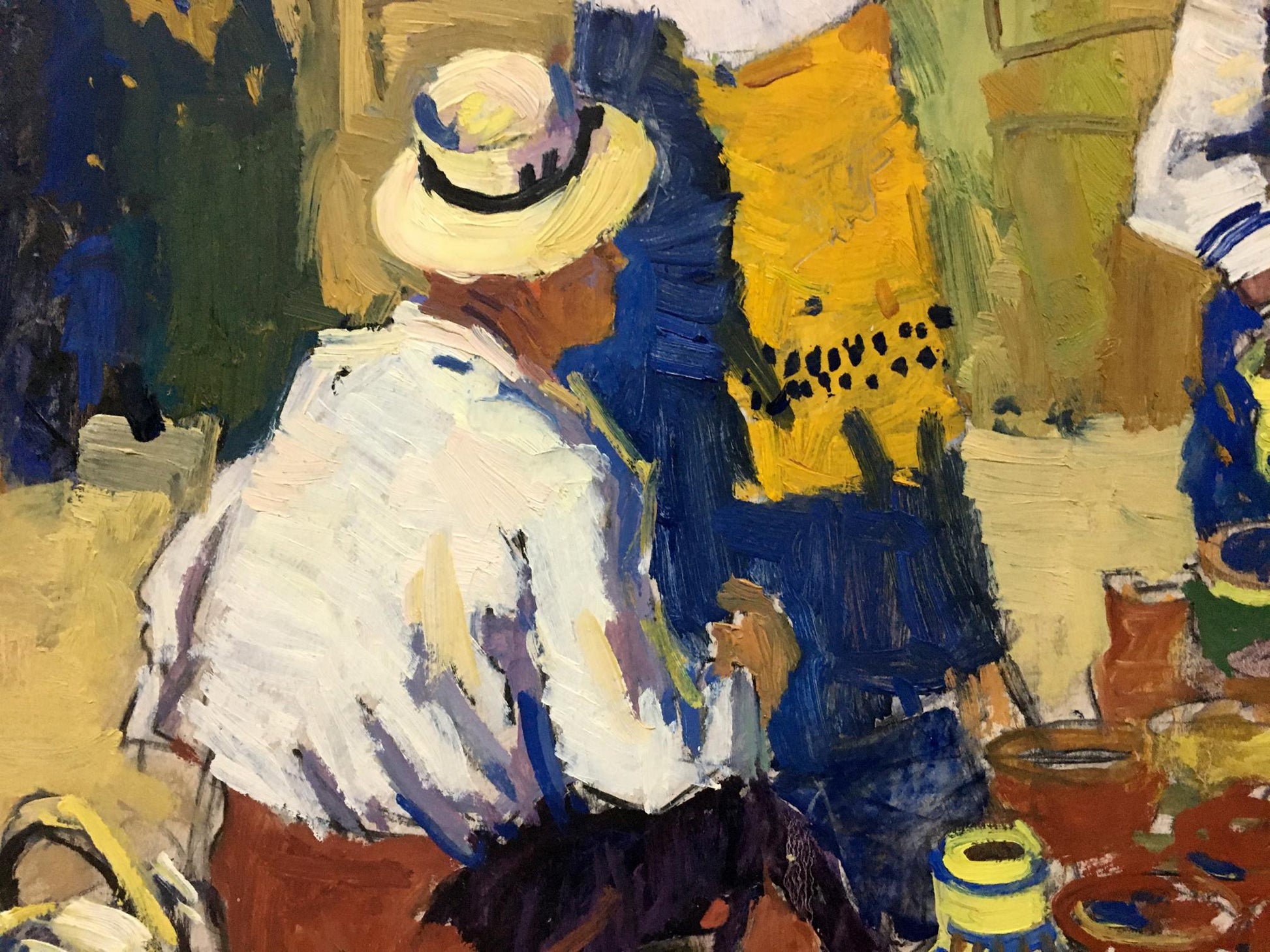 Oil painting of man in straw hat and white shirt by Pokulity Konstantin Ivanovich