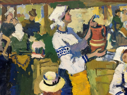 Oil painting by Konstantin Ivanovich Pokulity: woman with jug on market