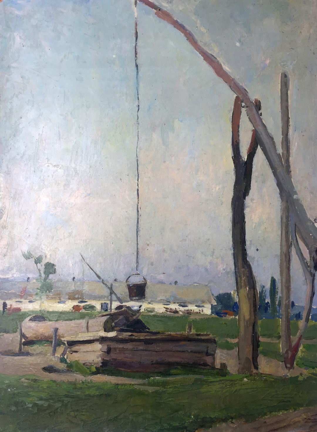 Oil painting of rustic wooden well frame with hanging bucket on rope