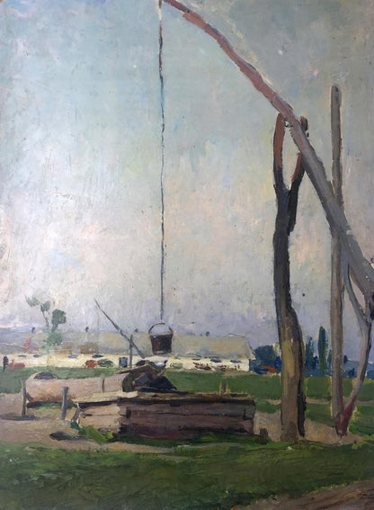 Oil painting of rustic wooden well frame with hanging bucket on rope