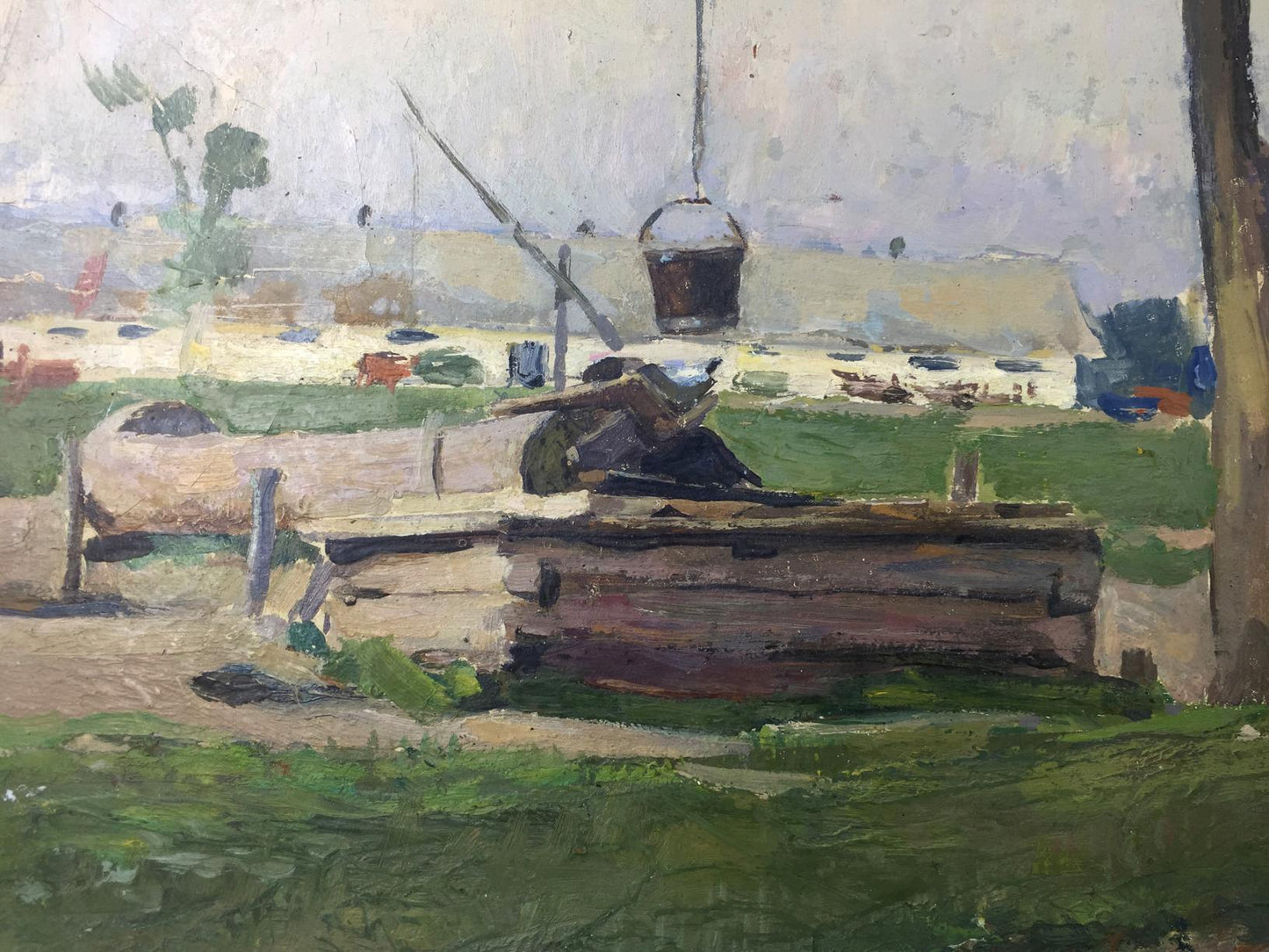Rustic wooden well oil painting with dark bucket on pulley, original artwork