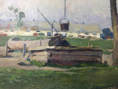 Rustic wooden well oil painting with dark bucket on pulley, original artwork
