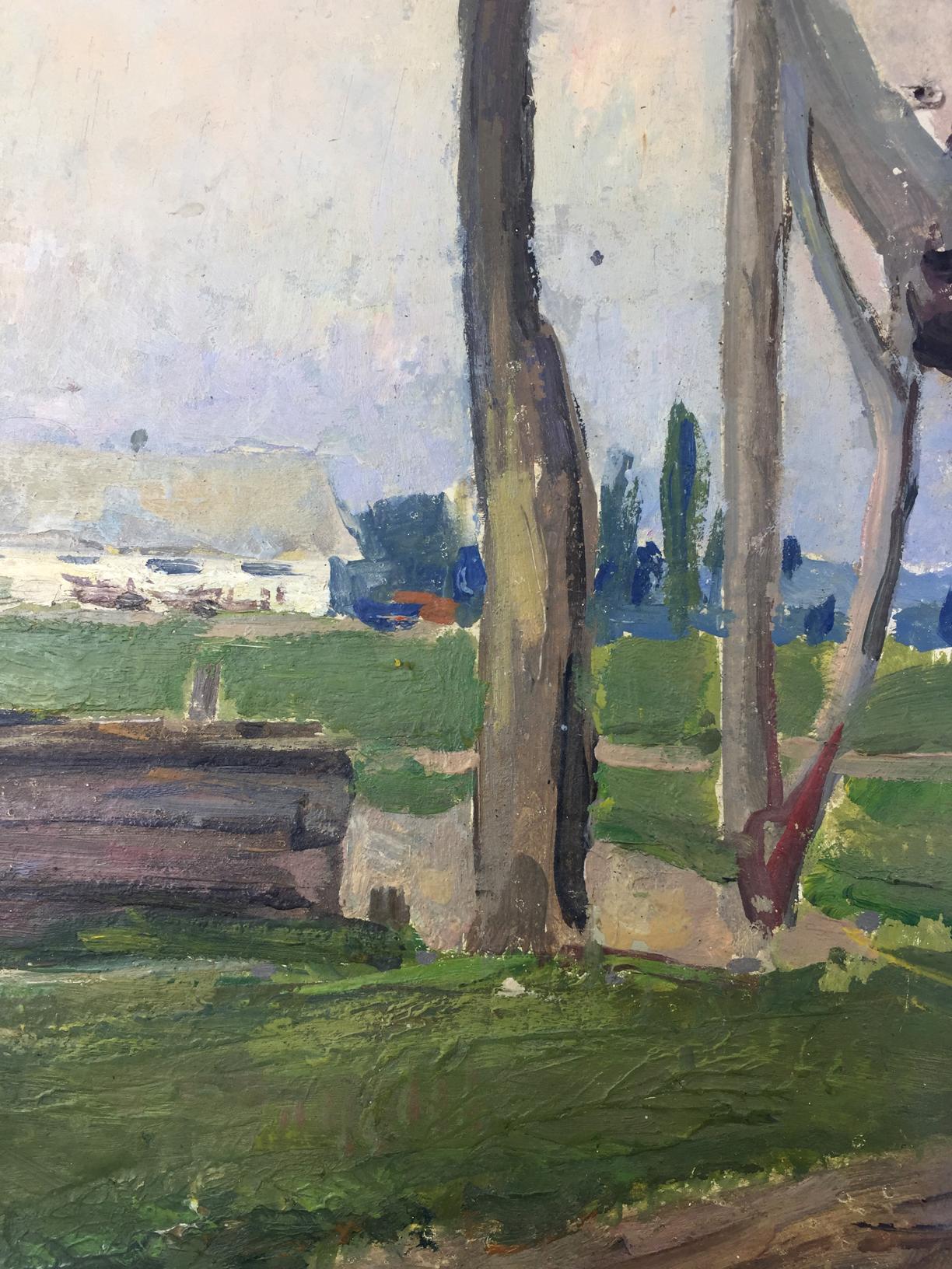 Original oil painting of textured tree trunks in muted tones on green field