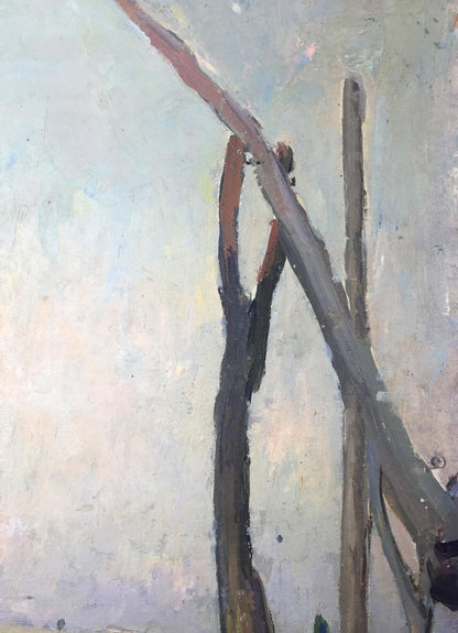 Abstract oil painting of muted earth tone branches on textured pale background