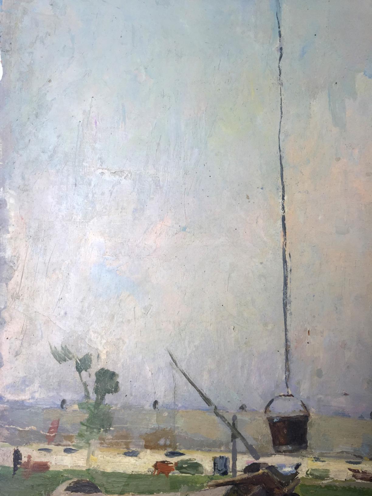 Oil painting of dark bucket hanging by rope on pale sky from Well original