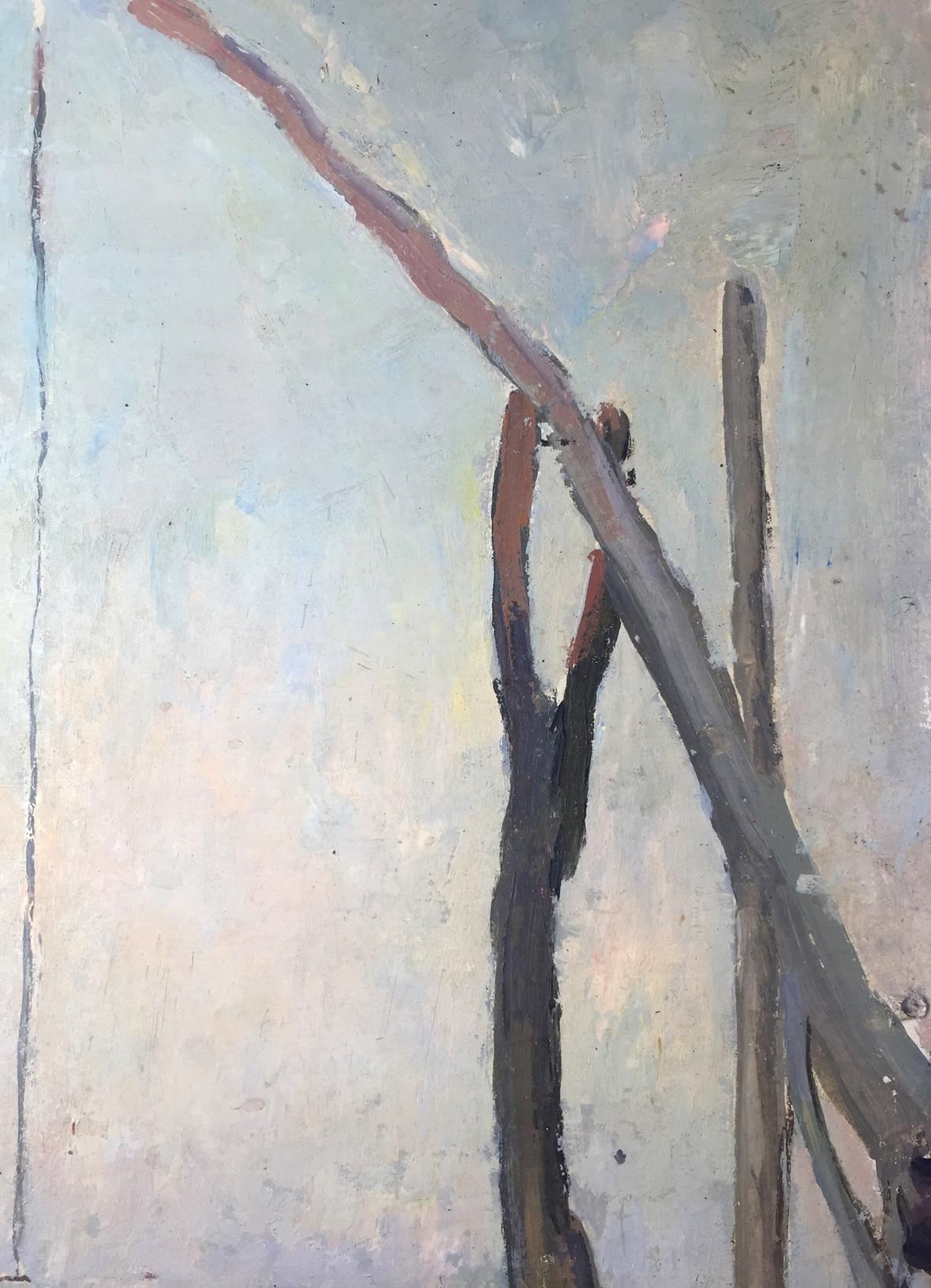 Oil painting Well: abstract textured grays, blues, reddish-brown diagonal