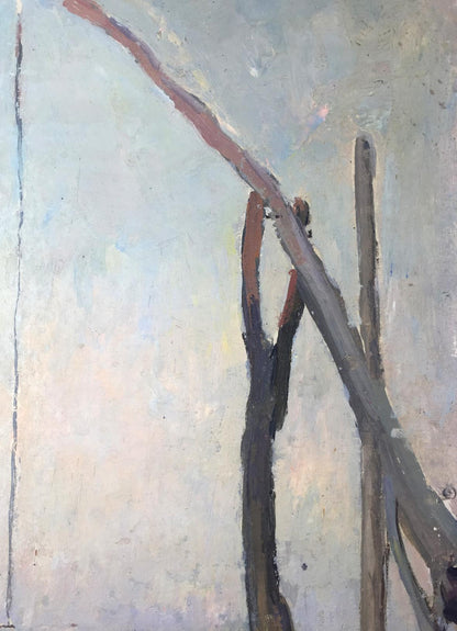 Oil painting Well: abstract textured grays, blues, reddish-brown diagonal