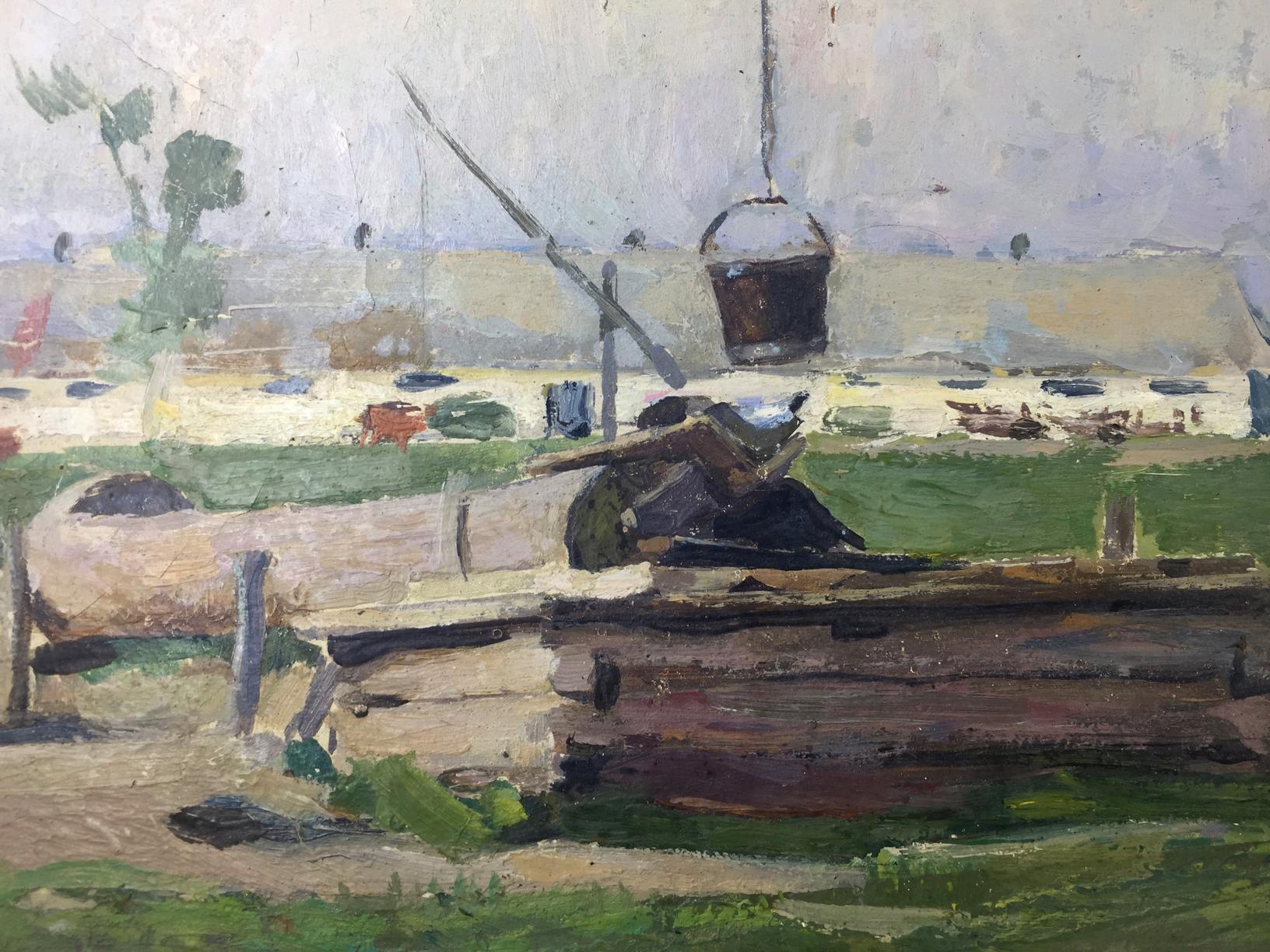 Oil painting of rustic wooden boat with dark weathered planks