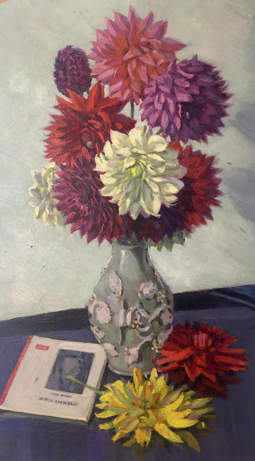 Oil painting of gray floral vase with pink purple red white dahlias