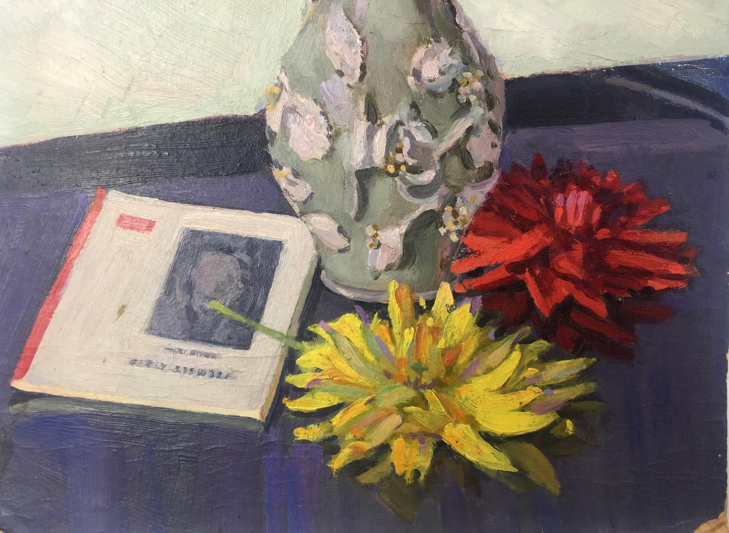 Light green ceramic vase with floral texture in oil painting still life