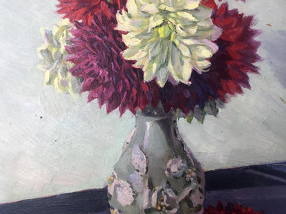 Oil painting of gray floral vase with red white purple dahlias