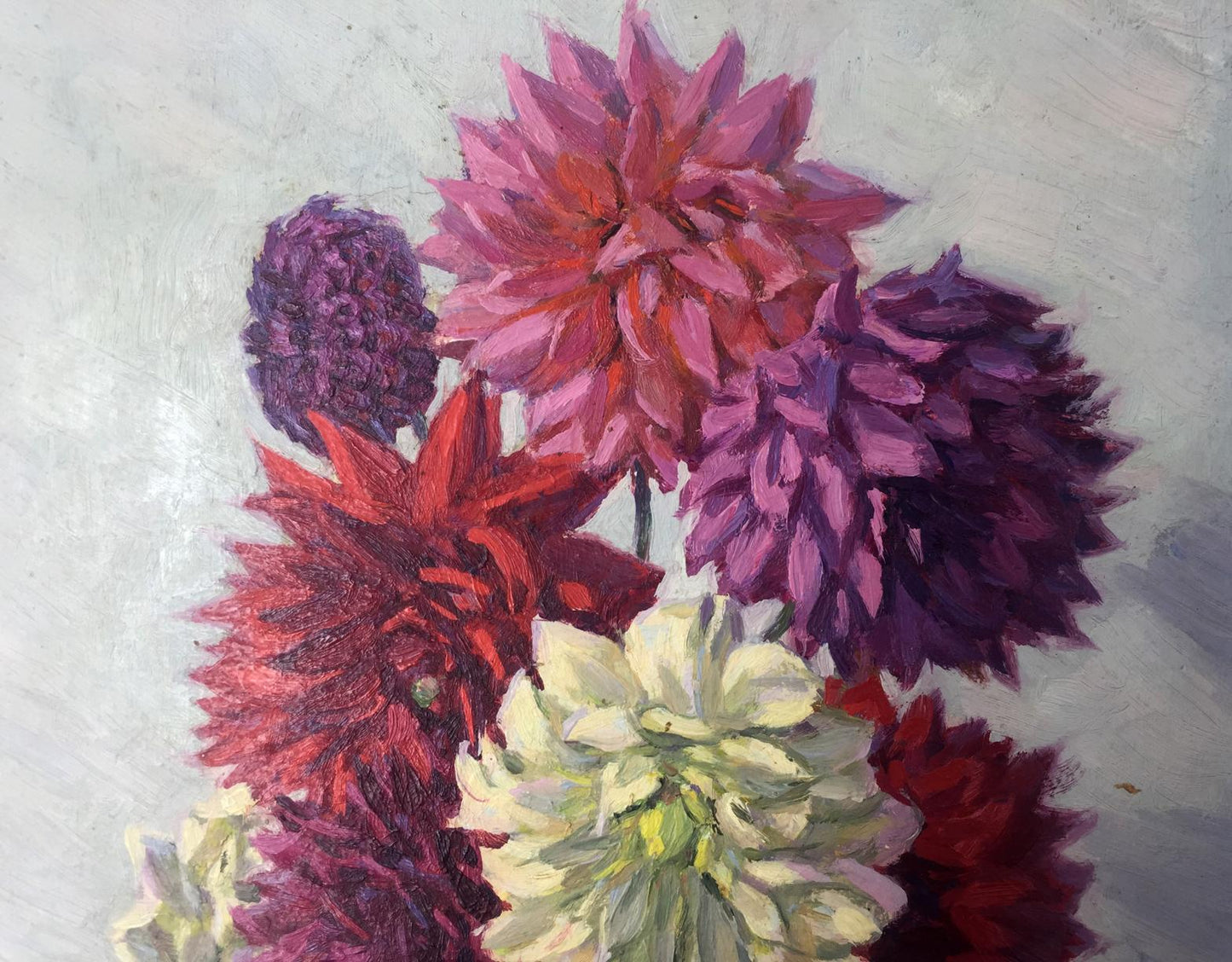 Vibrant oil painting of pink purple red white dahlias still life original