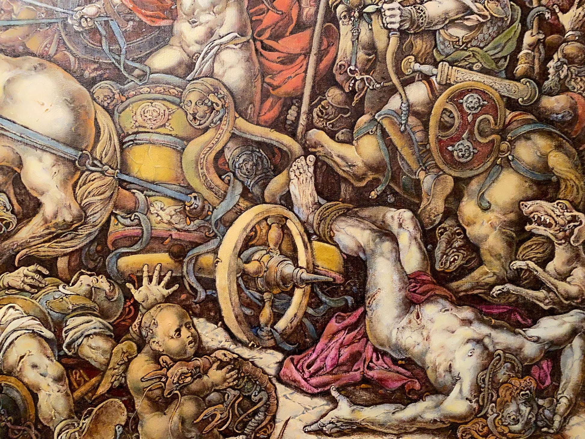 Oil painting of chaotic Troy battle by Oleg Litvinov with muscular figures