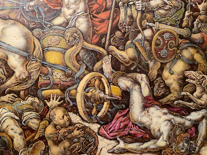 Oil painting of chaotic Troy battle by Oleg Litvinov with muscular figures