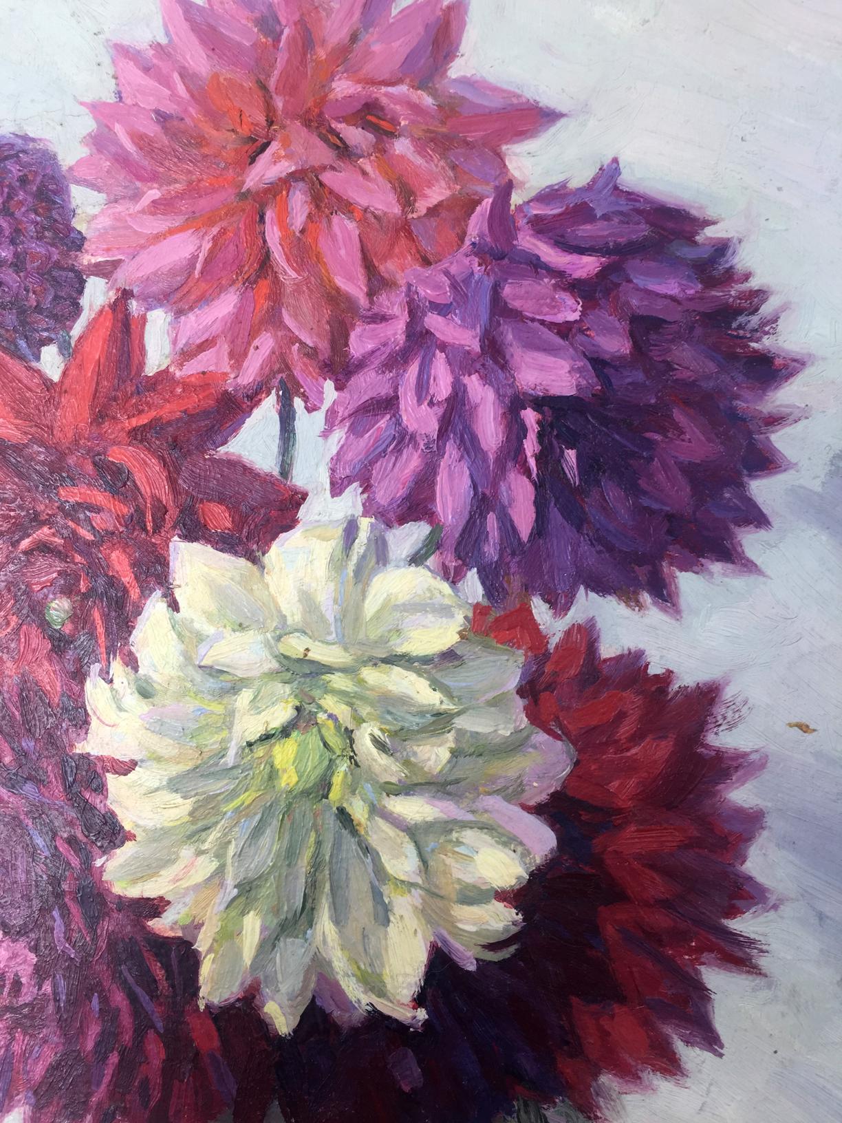Vibrant oil painting of layered dahlia flowers in pink, purple, red, white