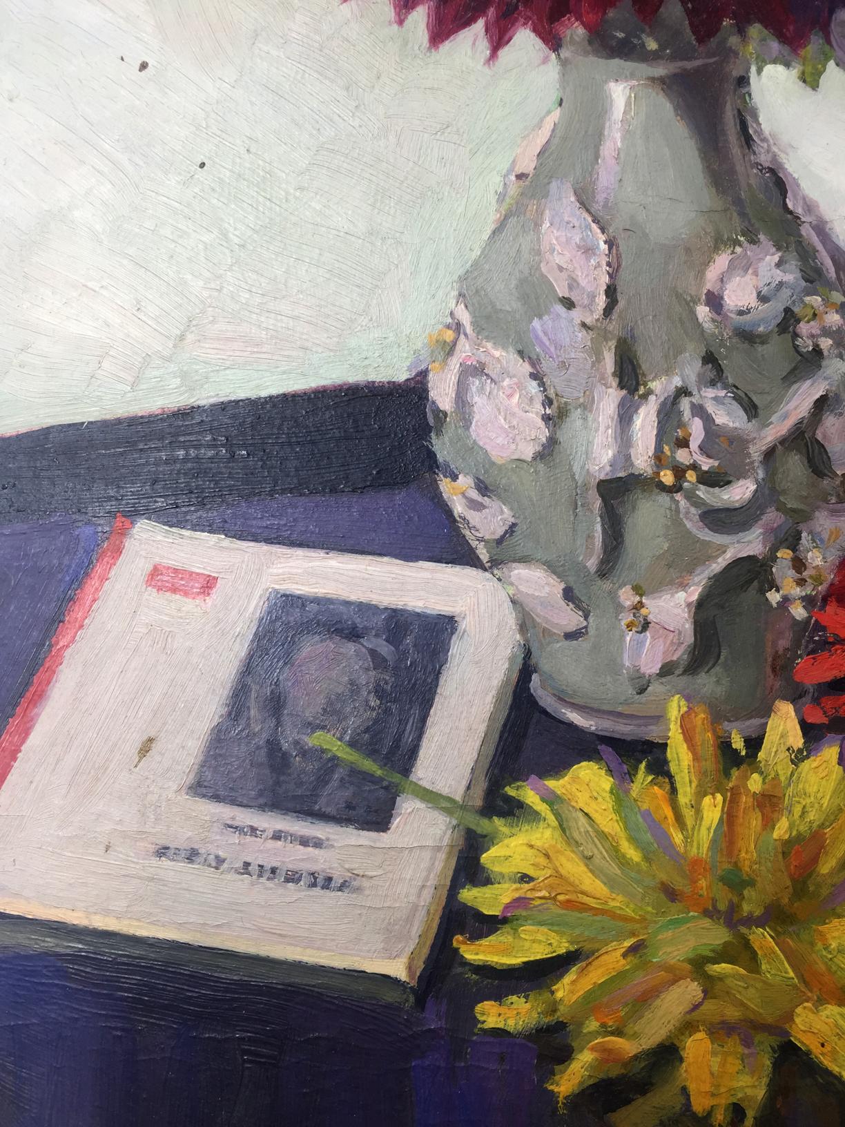 Oil painting still life of textured gray vase with red yellow flowers