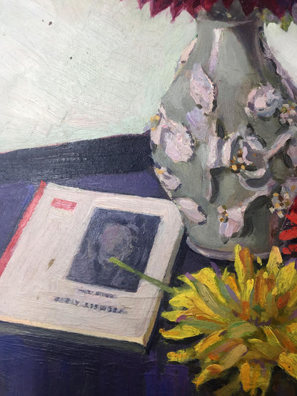 Oil painting still life of textured gray vase with red yellow flowers
