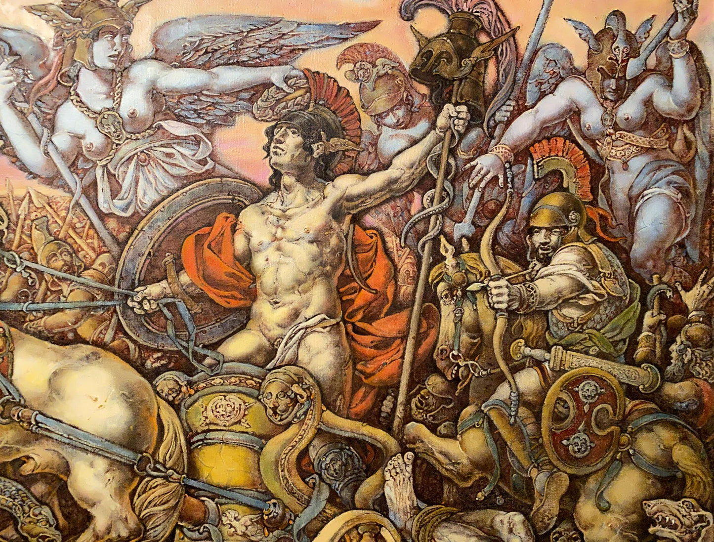 Oil painting of nude muscular warrior in golden chariot at Battle of Troy by Oleg Litvinov