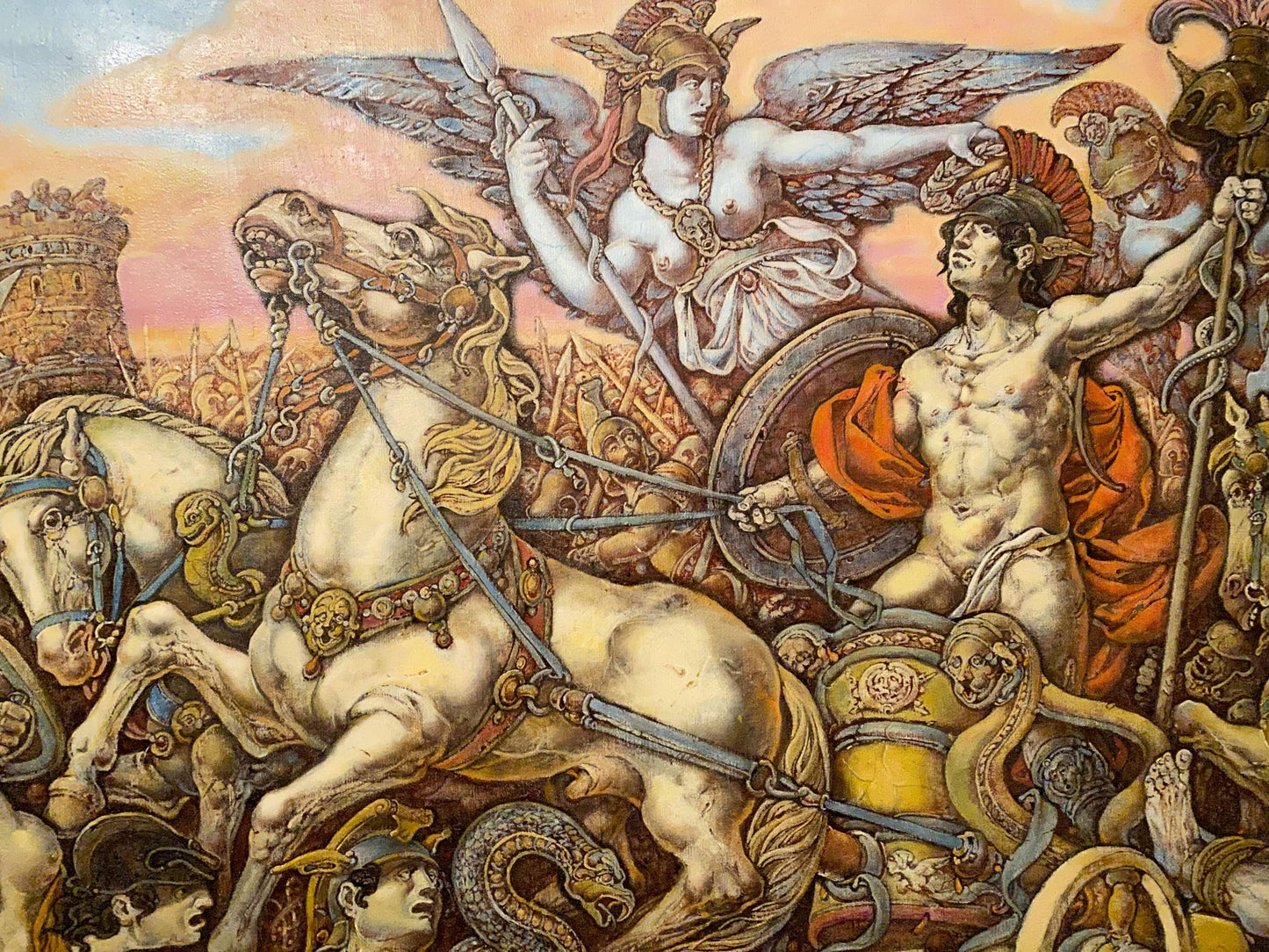 Oil painting of Trojan battle chariot with winged figure and warrior by Oleg Litvinov