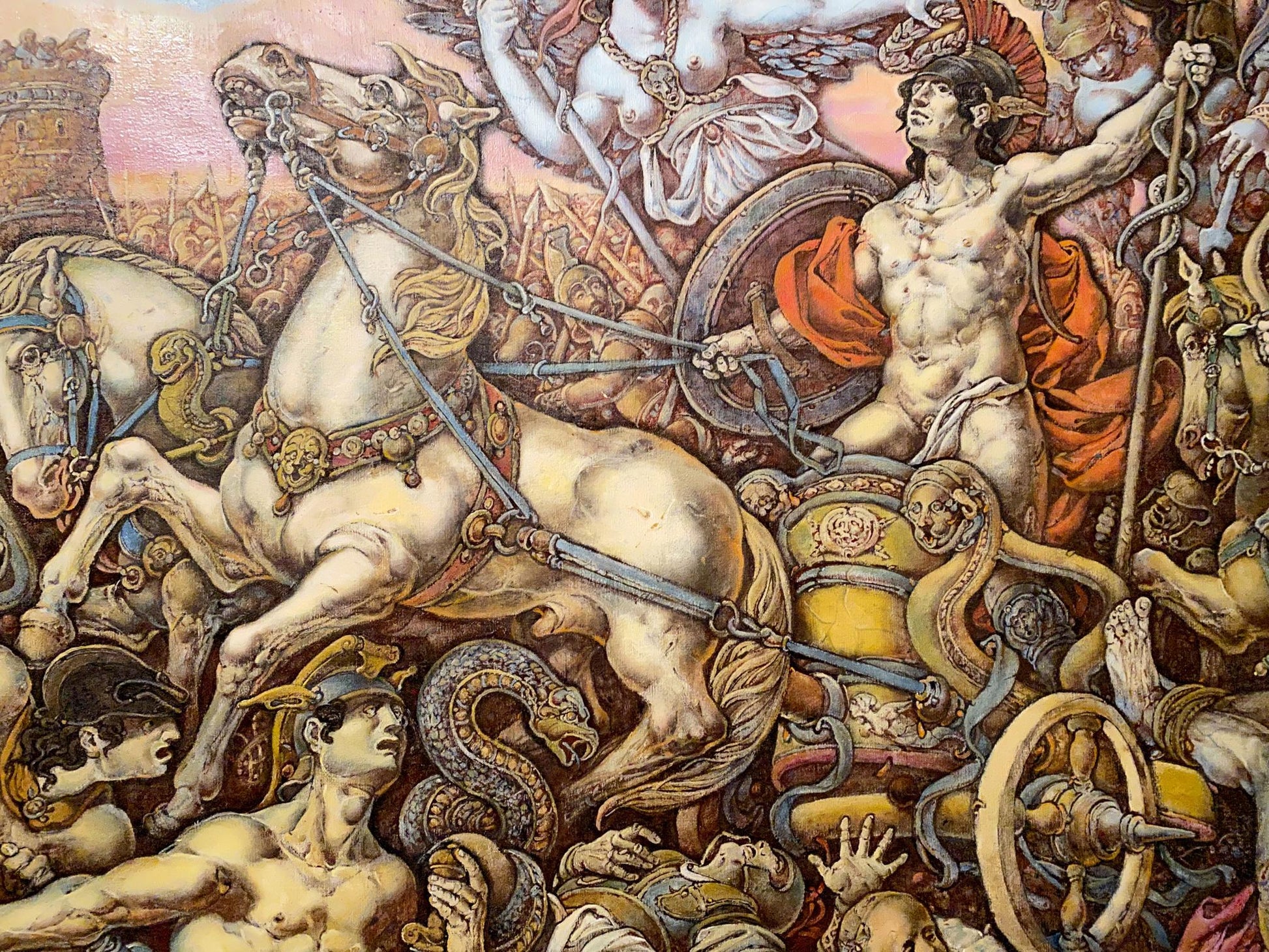 Oil painting of muscular nude warrior in helmet and orange cloak in Battle of Troy by Oleg Litvinov