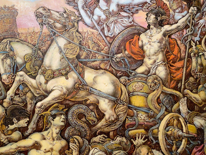 Oil painting of muscular nude warrior in helmet and orange cloak in Battle of Troy by Oleg Litvinov