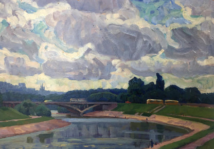 Oil painting of serene river under stone bridge by Khrustalenko Nikolay Alexandrovich