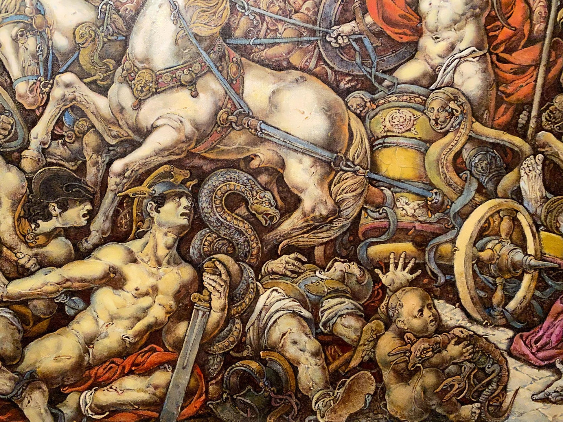 Muscular nude Trojan warrior with helmet and sword in chaotic battle, oil painting by Oleg Litvinov
