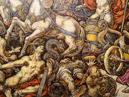 Muscular nude Trojan warrior with helmet and sword in chaotic battle, oil painting by Oleg Litvinov