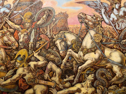Oil painting of chaotic Troy battle by Oleg Litvinov