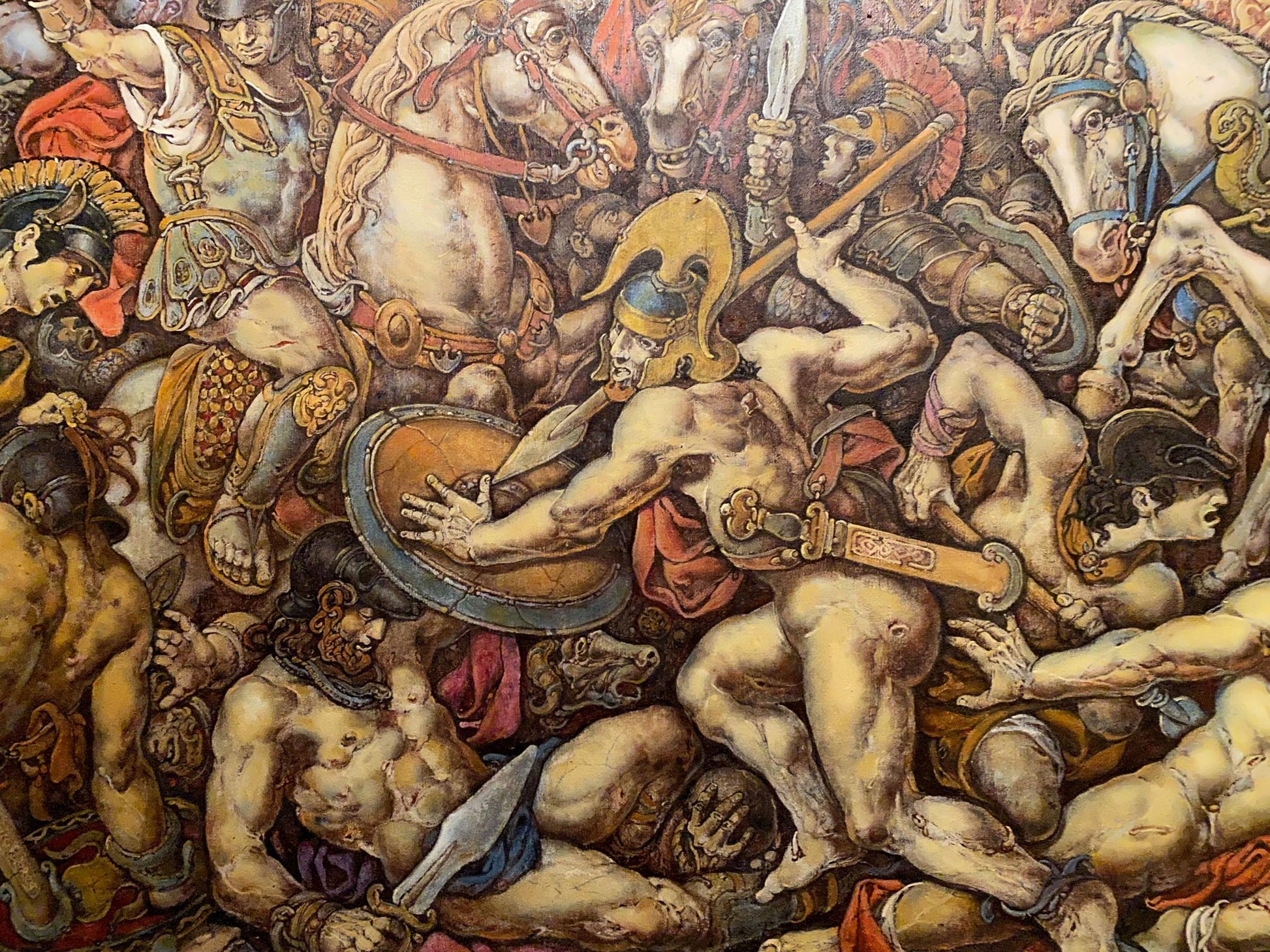 Oil painting of chaotic Troy battle by Oleg Litvinov with warriors and horses