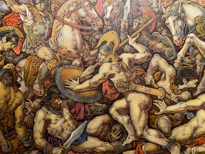 Oil painting of chaotic Troy battle by Oleg Litvinov with warriors and horses