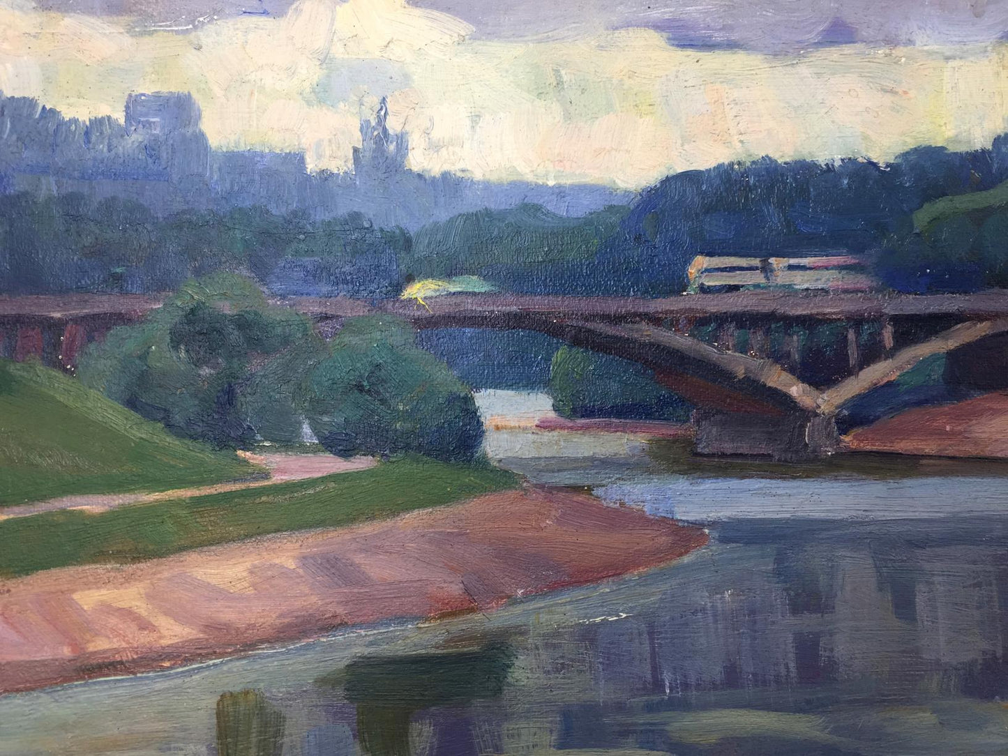 Oil painting of arched bridge over river by Khrustalenko Nikolay Alexandrovich