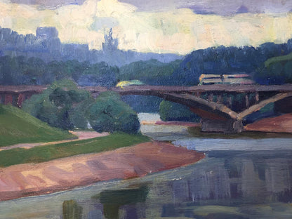 Oil painting of arched bridge over river by Khrustalenko Nikolay Alexandrovich