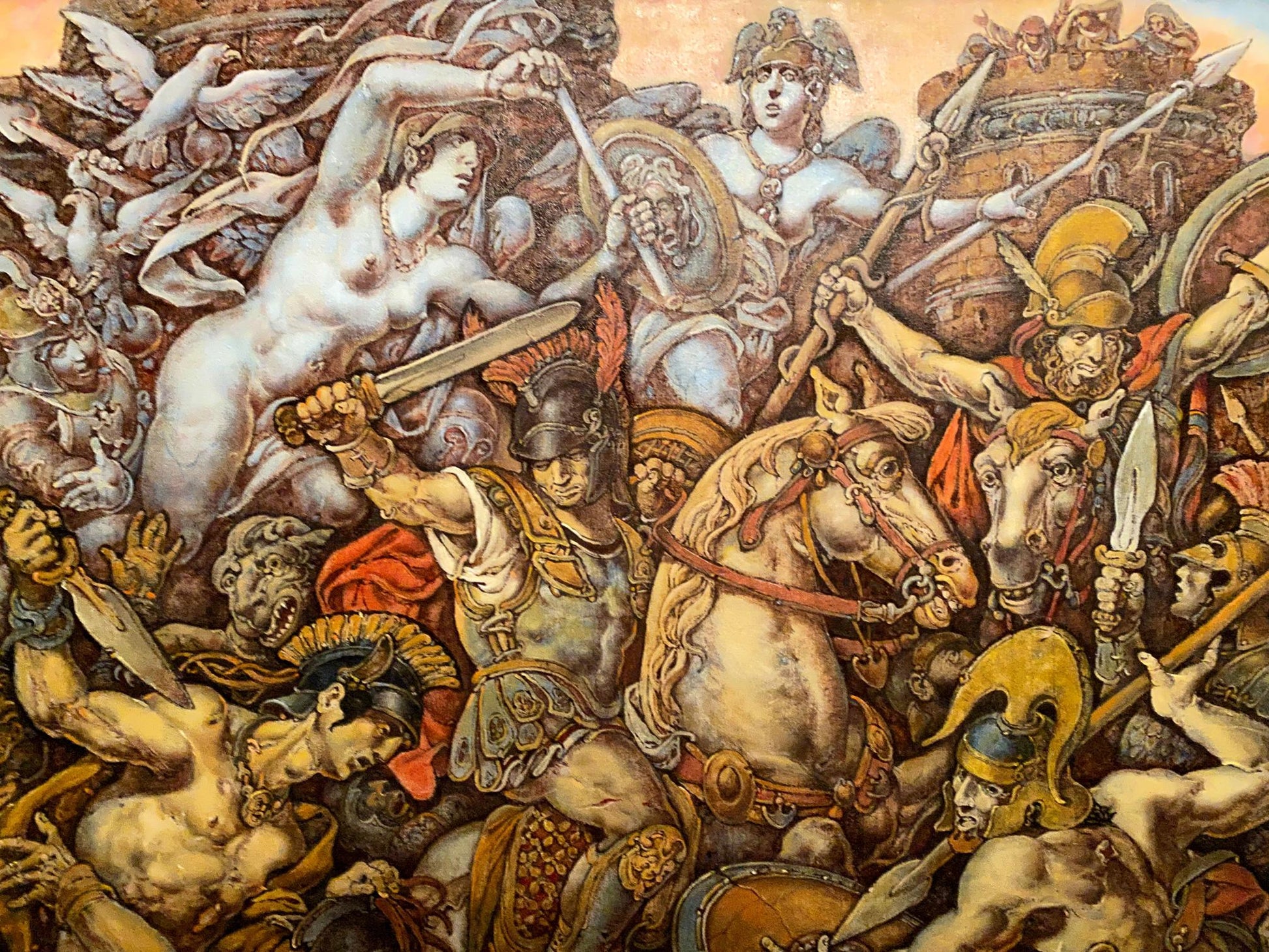 Oil painting of Battle scene in Troy by Oleg Litvinov, chaotic warriors mural