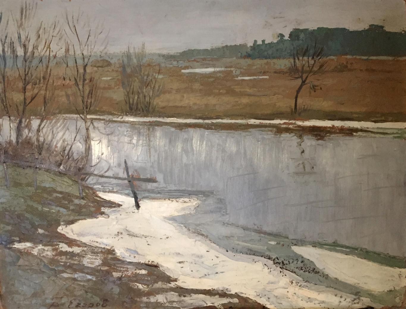 Oil painting Frost by Egorov Boris Kuzmich: frozen river landscape
