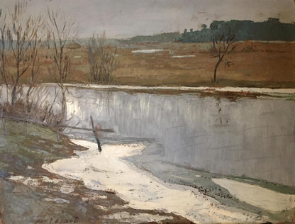 Oil painting Frost by Egorov Boris Kuzmich: frozen river landscape
