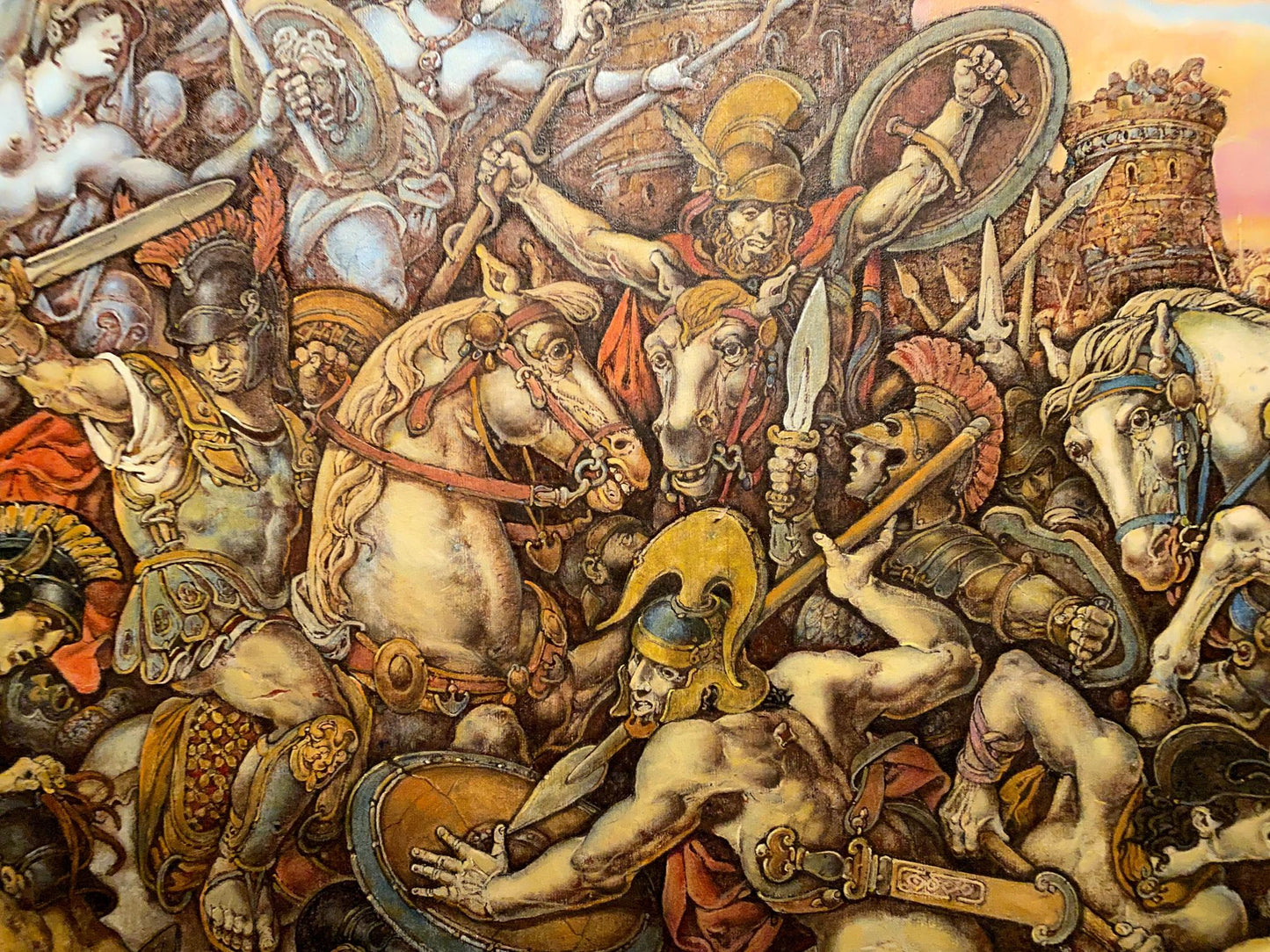 Oil painting of chaotic Battle of Troy by Oleg Litvinov