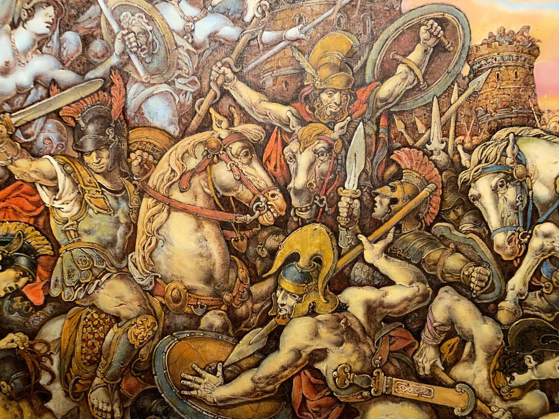 Oil painting of chaotic Battle of Troy by Oleg Litvinov
