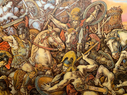 Oil painting of chaotic Battle of Troy by Oleg Litvinov
